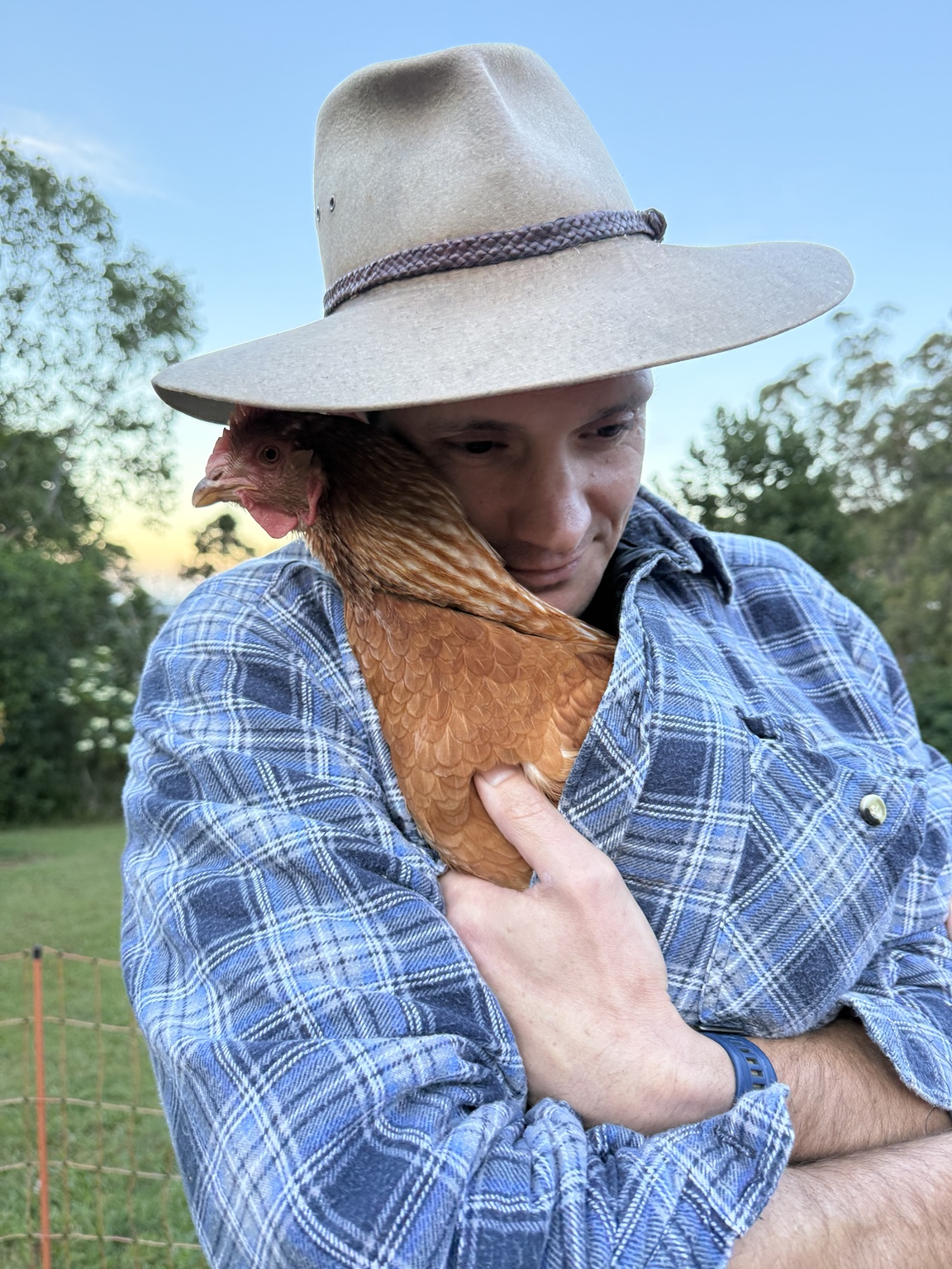 Sam holding a rescued hen against his shoulder beneath the brim of his hat
